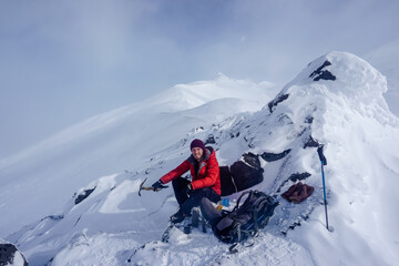 Hiker at the Avachinsky Pass and volcanoes in Kamchatka