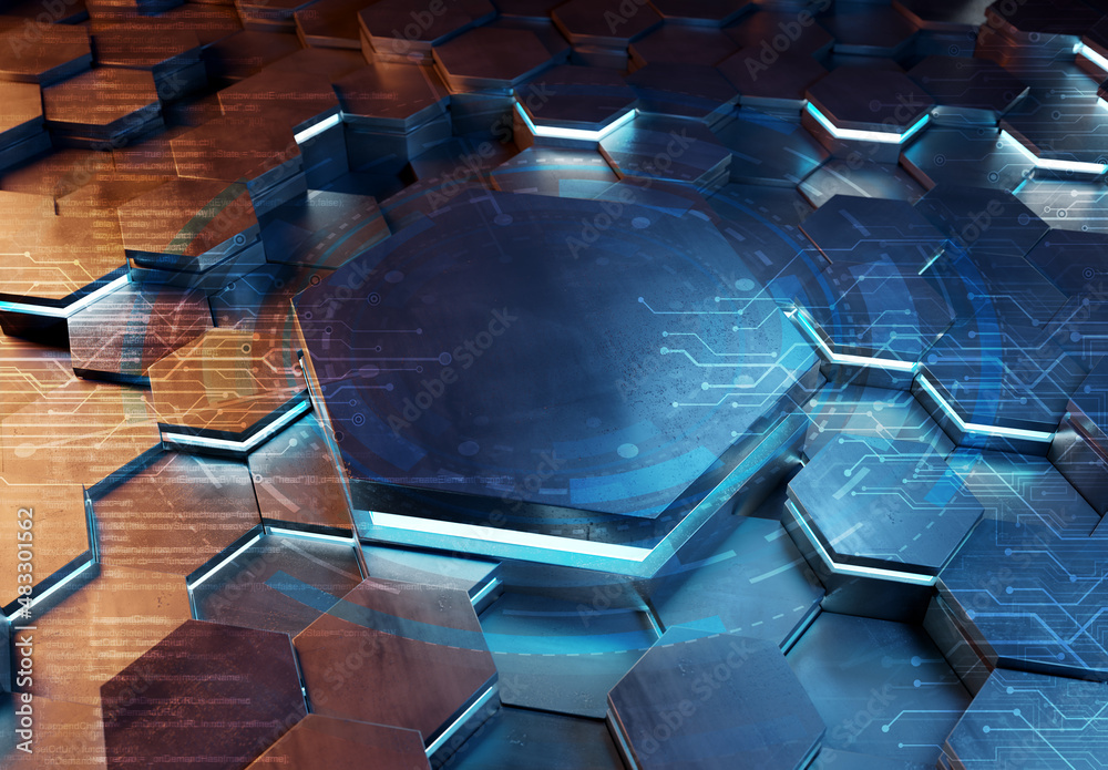 Aufkleber glowing orange and blue hexagons podium background pattern. hexagonal metal surface with lights and 