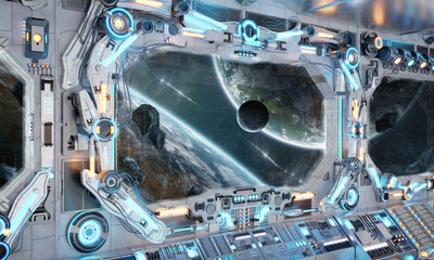 White spaceship interior with glowing blue and red lights. Futuristic spacecraft with large window view on planets in space. 3D rendering © sdecoret