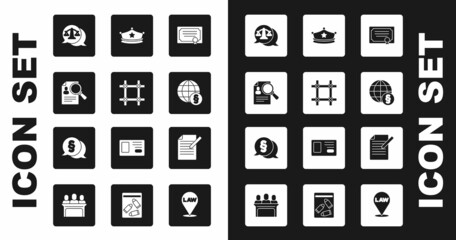 Set Certificate template, Prison window, Paper analysis magnifying, Scales of justice, International law, Police cap with cockade, Document and pen and Law icon. Vector