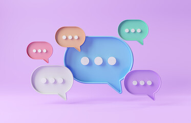 Minimalist blue red orange green purple speech bubbles talk icons floating over purple background. Modern conversation or social media messages with shadow. 3D rendering