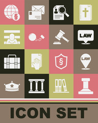 Set Stamp, Location law, Paper analysis magnifying, Ball chain, Prisoner, International and Judge gavel icon. Vector