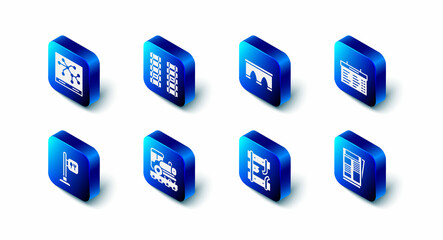 Set Railway, railroad track, Bridge for train, Train station board, News, Broken rails railway, Vintage locomotive, Cafe and restaurant location and map icon. Vector