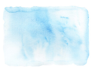 Light blue watercolor abstract for background or sky. Winter frame or stamp with pastel brush drawing effect. Fluid painting for design card in dusty blue color. Illustration design template isolated.