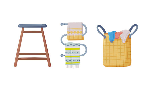 Hanging Towel On Rail And Laundry Basket As Bathroom Item Vector Set