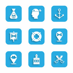 Set Lifebuoy, Alcohol drink Rum, Crossed pirate swords, Location, Pirate flag, Anchor and coin icon. Vector