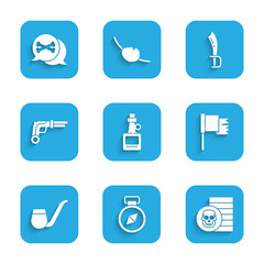 Set Alcohol drink Rum, Compass, Pirate coin, flag, Smoking pipe, Vintage pistols, sword and Location pirate icon. Vector