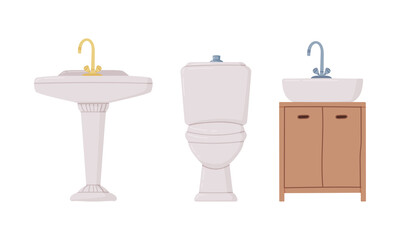 White Bathroom Sink Basin with Tap and Toilet Bowl Vector Set