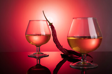 glasses with brandy cognac on a red background. red chili peppers