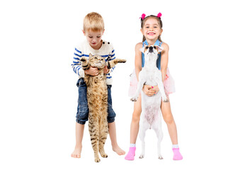 Cheerful cute kids standing together with pets isolated on white background