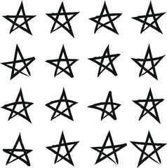 Vector illustration grunge stars. Set of hand drawn paint stars for design. Black and white background. Abstract brush drawing
