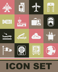 Set Worldwide, Trolley for food, Airplane window, Plane, Airport control tower, Airline ticket, Jet fighter and Suitcase icon. Vector