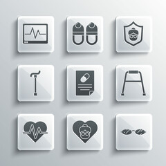 Set Grandmother, Eyeglasses, Walker, Medical prescription, Heart rate, Walking stick cane, Monitor with cardiogram and icon. Vector