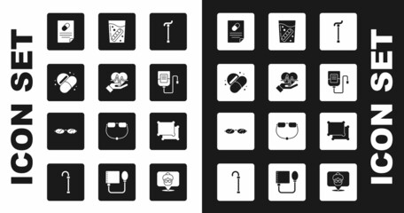 Set Walking stick cane, Heart rate, Medicine pill or tablet, Medical prescription, IV bag, False jaw glass, Pillow and Eyeglasses icon. Vector