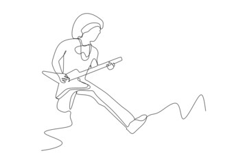 Single continuous line drawing of  male rock star jump guitarist while play guitar. Dynamic musician artist performance concept single line graphic draw design vector illustration