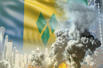 big smoke pillar with fire in abstract city - concept of industrial disaster or act of terror on Saint Vincent and the Grenadines flag background, industrial 3D illustration
