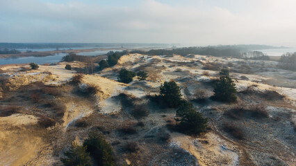 Aerial view of the Boryspil Islands near flooded village of Gusintsy, Rzhishchev, Ukraine. Winter time