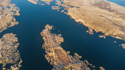 Aerial view of the Boryspil Islands near flooded village of Gusintsy, Rzhishchev, Ukraine. Winter time