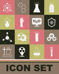 Set Test tube and flask, Chemical formula for H2O, Shield protecting from virus, Medical rubber gloves, explosion, Atom and icon. Vector