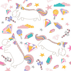 Unicorn seamless pattern with hand drawn illustration