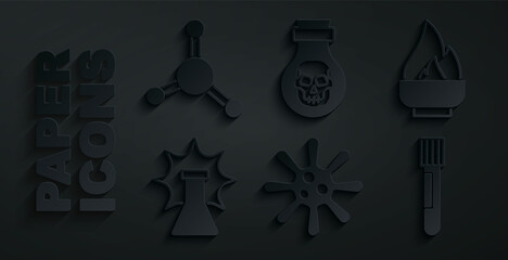 Set Bacteria, Alcohol or spirit burner, Chemical explosion, Test tube and flask, Poison in bottle and Molecule icon. Vector