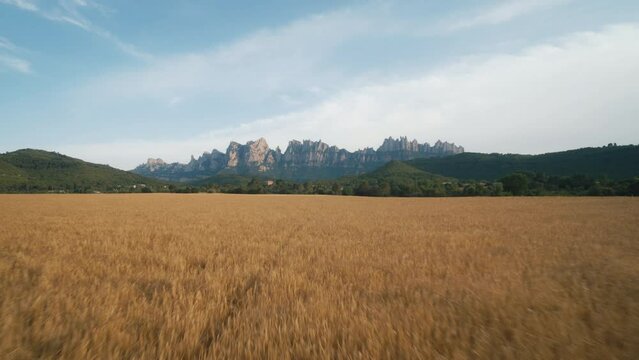 Aerial view over fields getting close to Montserrat mountains
