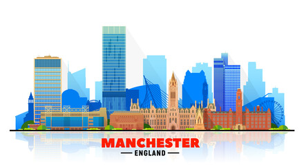 Fototapeta premium Manchester England skyline with panorama in white background. Vector Illustration. Business travel and tourism concept with modern buildings. Image for banner or web site.