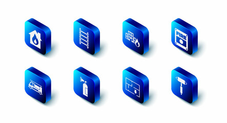 Set Fire escape, in burning buildings, alarm system, Firefighter axe, Evacuation plan, extinguisher, truck and house icon. Vector