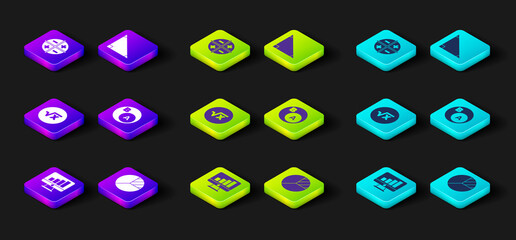 Set Computer monitor with graph chart, Pie infographic, Square root of x glyph, Subsets, math, is subset b, Triangle and XYZ Coordinate system icon. Vector