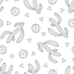 Vector seamless pattern of cacti doodle black and white..Hand drawn doodle cactus background. Coloring pages set with cute cactuses.