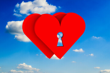 love, two red hearts with key hole on a background the blue sky, illustration in 3d graphics. Valentine's Day, red hearts fly lightly together.