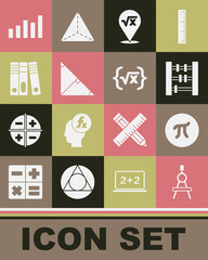 Set Drawing compass, Pi symbol, Abacus, Square root of x glyph, Angle bisector triangle, Office folders, Graph, schedule, chart, diagram and icon. Vector