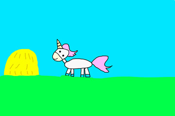 Unicorn on the field, with the sun. Children's drawing.