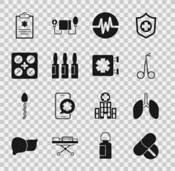 Set Medicine pill or tablet, Lungs, Medical scissors, Heart rate, vial, ampoule, Pills blister pack, Clinical record and symbol of the Emergency icon. Vector