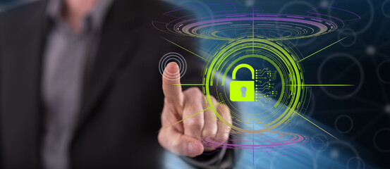 Fototapeta premium Man touching a cybersecurity concept