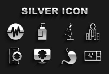 Set Medical symbol of the Emergency, hospital building, Monitor with cardiogram, Human stomach, phone call, Microscope, Heart rate and Hand sanitizer bottle icon. Vector