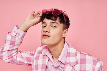 handsome guy pink plaid blazer fashion modern style pink background unaltered