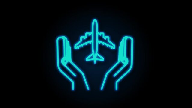 Airplane hand icon, great design for any purposes. Hand drawn paper airplane. Continuous line drawing. Neon icon. Motion Graphics.