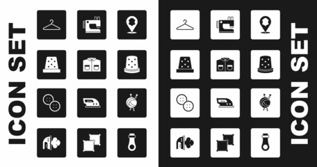 Set Leather, Shirt, Thimble for sewing, Hanger wardrobe, Sewing machine, Yarn ball with knitting needles and button icon. Vector