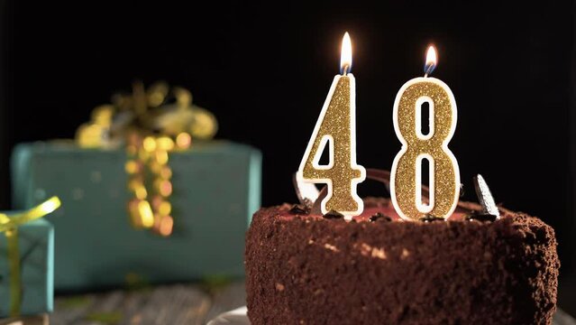 Number forty-eight birthday candle on a sweet cake on the table, 48th birthday. Fire from the lighter, blow out the holiday candle.