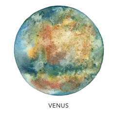 Watercolor abstract blue Venus planet. Hand painted satellite isolated on white background. Minimalistic space illustration for design, print, fabric or background. © yuliya_derbisheva