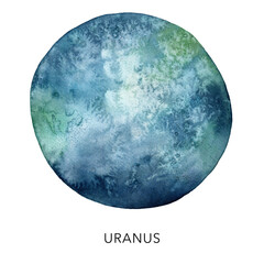 Watercolor abstract blue Uranus planet. Hand painted satellite isolated on white background. Minimalistic space illustration for design, print, fabric or background.