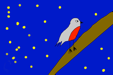 Funny birds on a tree at night. Children's drawing.