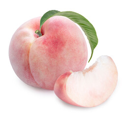 Pink Peach fruit with leaf isolated on white background, Fresh Peach on White Background With clipping path,