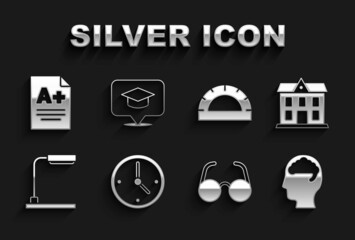 Set Clock, School building, Human brain, Glasses, Table lamp, Protractor grid, Exam sheet with A plus grade and Graduation cap speech bubble icon. Vector