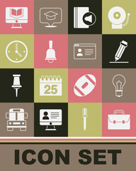 Set Briefcase, Light bulb with idea, Pencil eraser, Audio book, Ringing bell, Clock, Online class and icon. Vector