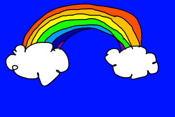 A rainbow of clouds against the sky. Children's drawing.
