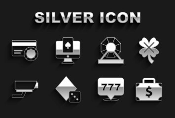 Set Game dice, Casino slot machine with clover, Briefcase and money, Slot jackpot, Security camera, Lottery, Credit card and Online poker table game icon. Vector