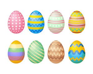 Easter colored eggs set. Eggs decorated with various patterns. Collection of Easter eggs. Vector illustration