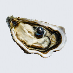 Open oyster shell with black pearl on gray background